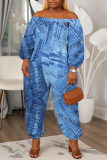 Blue Faux Denim Print Off Shoulder Long Lantern Sleeve Loose Casual Vacation Harem Jumpsuits