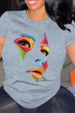 Black Portrait Print O Neck Short Sleeve Casual Outings Women Baggy T Shirt
