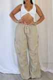 Black Zipper Belted High Waist Casual Street Slit Hem Straight Leg Cago Pants