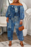 Blue Faux Denim Print Off Shoulder Long Lantern Sleeve Loose Casual Vacation Harem Jumpsuits