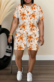 Orange Graphic Print O Neck Short Sleeve T-shirt and Skinny Shorts Casual Outing Plus Size Two Piece Short Sets