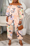Yellow Horse Floral Print Off Shoulder Long Lantern Sleeve Loose Casual Vacation Harem Jumpsuits
