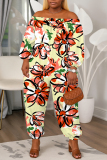 Yellow Horse Floral Print Off Shoulder Long Lantern Sleeve Loose Casual Vacation Harem Jumpsuits
