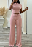 Black Casual Half A Turtleneck Short Sleeve T-shirt and Wide Leg Pants Two Piece Trouser Sets