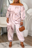 Purple Cyan Abstract Print Off Shoulder Long Lantern Sleeve Loose Casual Vacation Harem Jumpsuits