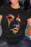 Black Portrait Print O Neck Short Sleeve Casual Outings Women Baggy T Shirt