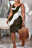 Black Green Stripe Floral Print U Neck Sleeveless Bodycon Plus Size Midi Vest Dresses