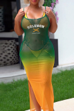 Green Gradient Letters Mesh See-through Side Slit Bodycon Maxi Slip Dresses