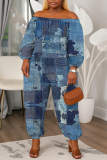 Blue Faux Denim Print Off Shoulder Long Lantern Sleeve Loose Casual Vacation Harem Jumpsuits