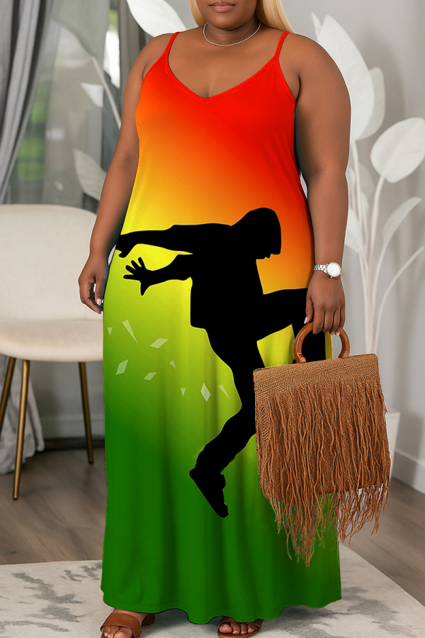 Tangerine Gradient Figure Print Sleeveless Backless Fitted Casual Vacation Plus Size Maxi Slip Dresses