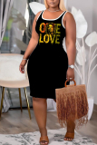 White Graphic Letter Print U Neck Sleeveless Bodycon Plus Size Midi Vest Dresses
