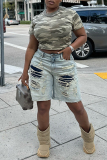 Light Blue Casual Daily Patchwork Ripped High Waist Straight Capri Fifth Denim Shorts