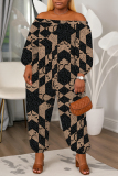 Black Geometric Print Off Shoulder Long Lantern Sleeve Loose Casual Vacation Harem Jumpsuits