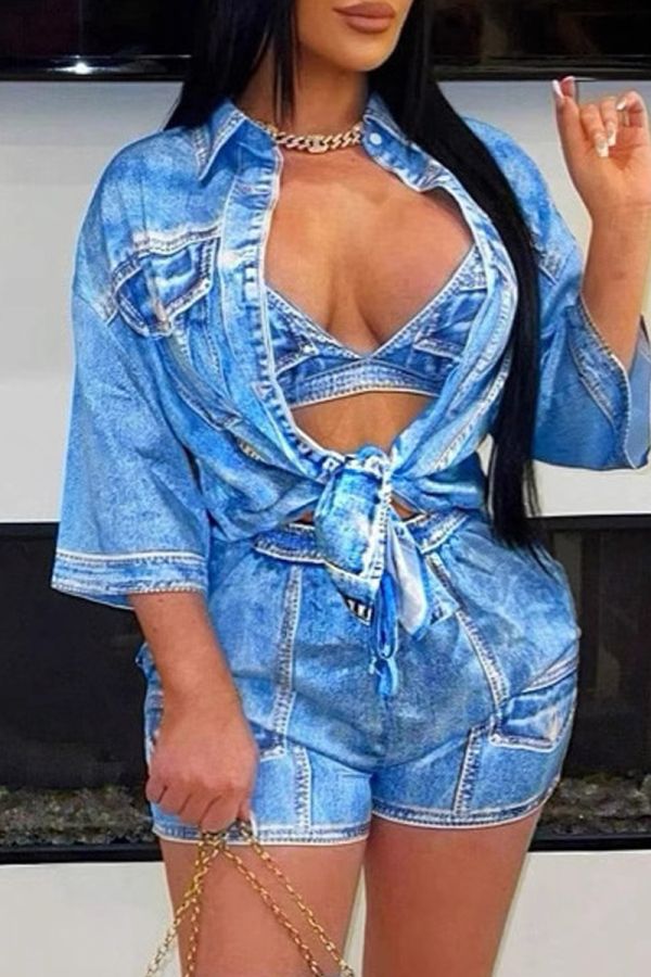 Blue Casual Faux Denim Print Turndown Collar Short Sleeve Buckle up Shirt Bra Tops and Skinny Shorts Three Piece Short Set