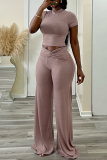 Black Casual Half A Turtleneck Short Sleeve T-shirt and Wide Leg Pants Two Piece Trouser Sets