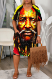 Purple Yellow Figure Print V Neck Short Sleeve with Pocket Casual Outing Plus Size Midi T-shirt Dress