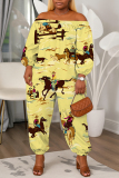 Yellow Horse Floral Print Off Shoulder Long Lantern Sleeve Loose Casual Vacation Harem Jumpsuits