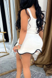 White Contrast Sleeveless Ruffled Wavy Hem Bodycon Casual Outing Mini Vest Dresses