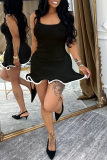 White Contrast Sleeveless Ruffled Wavy Hem Bodycon Casual Outing Mini Vest Dresses