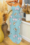 Army Green Floral Butterfly Print Sleeveless Backless Bodycon Casual Party Vacation Plus Size Maxi Slip Dresses