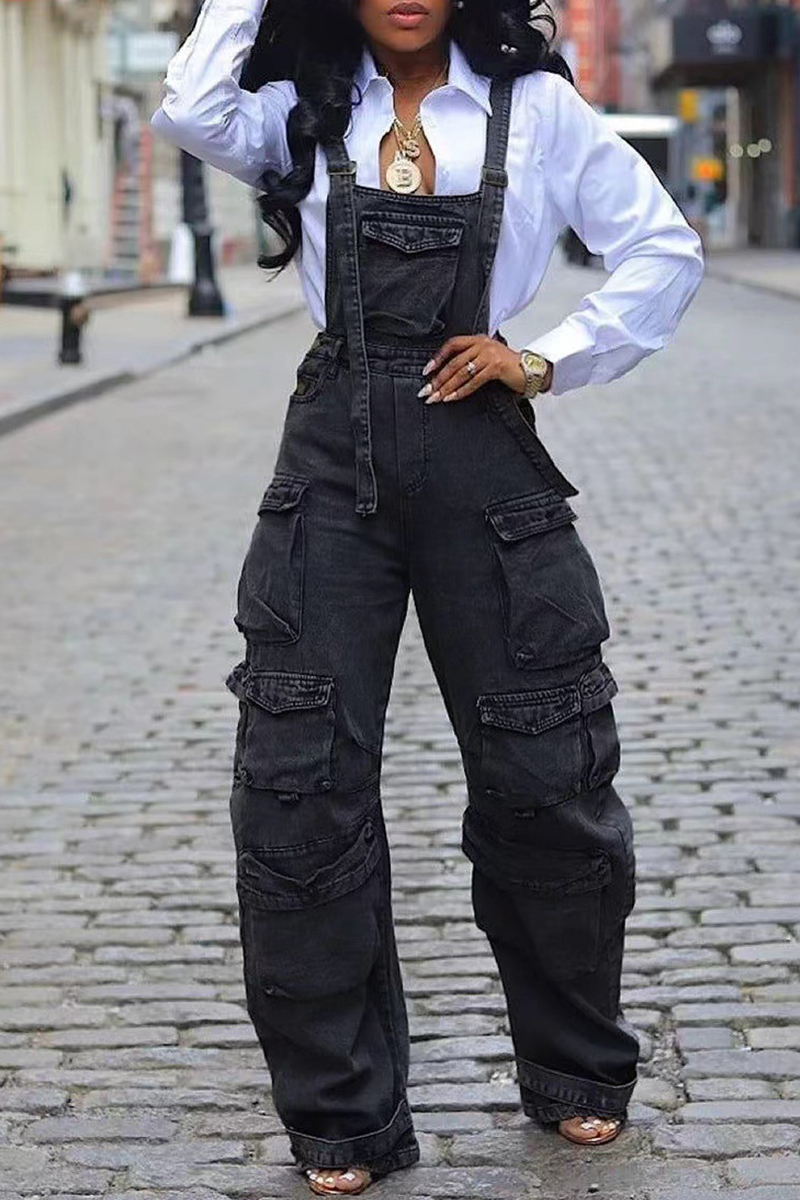 Sleeveless Denim Cargo Hoodie Jumpsuit main image 1