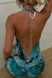 Blue Graphic Print Sleeveless Backless Mental Ring Chain Trim Cut Out Skinny Party Vacation Halter Mini Dresses