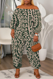 Green Floral Graphic Print Off Shoulder Long Lantern Sleeve Loose Casual Vacation Harem Jumpsuits
