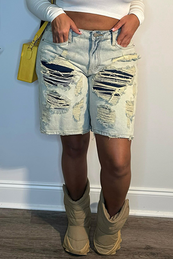 Light Blue Casual Daily Patchwork Ripped High Waist Straight Capri Fifth Denim Shorts
