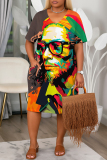 Purple Yellow Figure Print V Neck Short Sleeve with Pocket Casual Outing Plus Size Midi T-shirt Dress