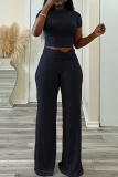 Black Casual Half A Turtleneck Short Sleeve T-shirt and Wide Leg Pants Two Piece Trouser Sets