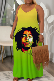 Tangerine Gradient Figure Print Sleeveless Backless Fitted Casual Vacation Plus Size Maxi Slip Dresses