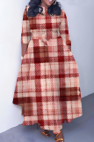 Red Graphic Plaid Floral Print O Neck 3/4 Sleeve Belted Fitted A-line Casual Vacation Plus Size Maxi Dresses
