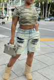Light Blue Casual Daily Patchwork Ripped High Waist Straight Capri Fifth Denim Shorts