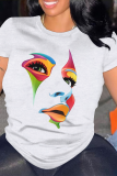 Black Portrait Print O Neck Short Sleeve Casual Outings Women Baggy T Shirt
