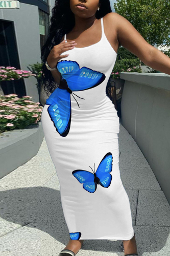 White Butterfly Print Sleeveless Backless Bodycon Casual Party Vacation Plus Size Maxi Slip Dresses