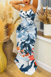 Dark Blue Floral Print Sleeveless Backless Bodycon Casual Party Vacation Plus Size Maxi Slip Dresses