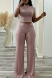 Black Casual Half A Turtleneck Short Sleeve T-shirt and Wide Leg Pants Two Piece Trouser Sets