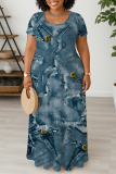 Rose Purple Casual Floral Print U Neck Short Sleeve Loose Straight Plus Size Maxi Dresses
