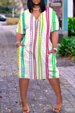 Multicolor Abstract Print V Neck Short Sleeve with Pocket Casual Outing Plus Size Midi T-shirt Dress