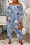 Blue Faux Denim Print Off Shoulder Long Lantern Sleeve Loose Casual Vacation Harem Jumpsuits