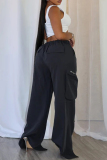 Black Zipper Belted High Waist Casual Street Slit Hem Straight Leg Cago Pants