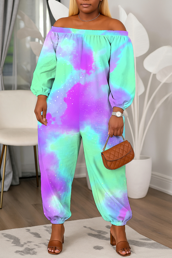 Purple Cyan Abstract Print Off Shoulder Long Lantern Sleeve Loose Casual Vacation Harem Jumpsuits