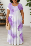 Rose Purple Casual Floral Print U Neck Short Sleeve Loose Straight Plus Size Maxi Dresses