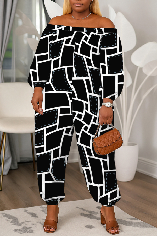Black Geometric Print Off Shoulder Long Lantern Sleeve Loose Casual Vacation Harem Jumpsuits