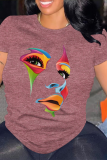 Black Portrait Print O Neck Short Sleeve Casual Outings Women Baggy T Shirt