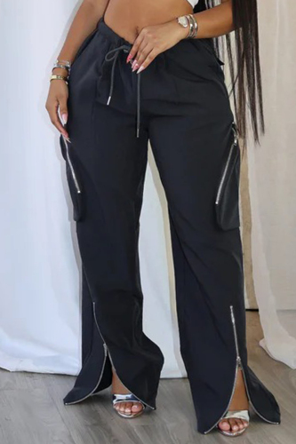 Black Zipper Belted High Waist Casual Street Slit Hem Straight Leg Cago Pants