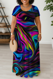 Yellow Casual Graphic Print U Neck Short Sleeve Loose Straight Plus Size Maxi Dresses