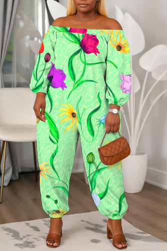 Green Floral Graphic Print Off Shoulder Long Lantern Sleeve Loose Casual Vacation Harem Jumpsuits