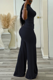 Black Casual Half A Turtleneck Short Sleeve T-shirt and Wide Leg Pants Two Piece Trouser Sets