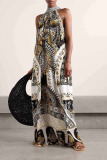 Multicolor National Totem Print O Neck Sleeveless Backless Lace Up Loose Casual Vacation Maxi Dresses